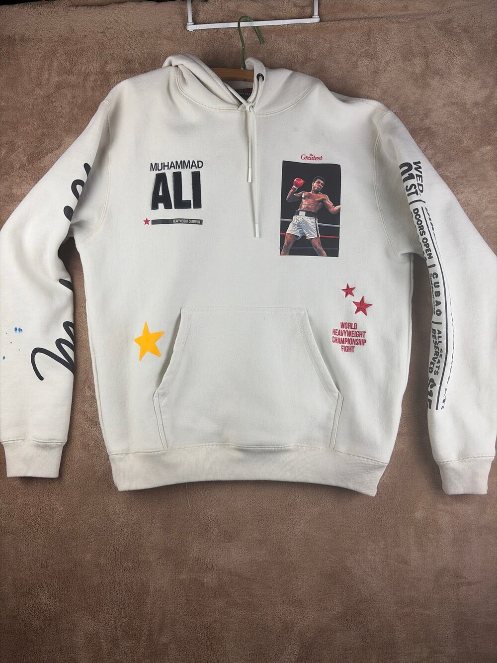 Shoe Palace Muhammad Ali Hoodie Mens Large Cream White Boxing Sweatshirt Graphic